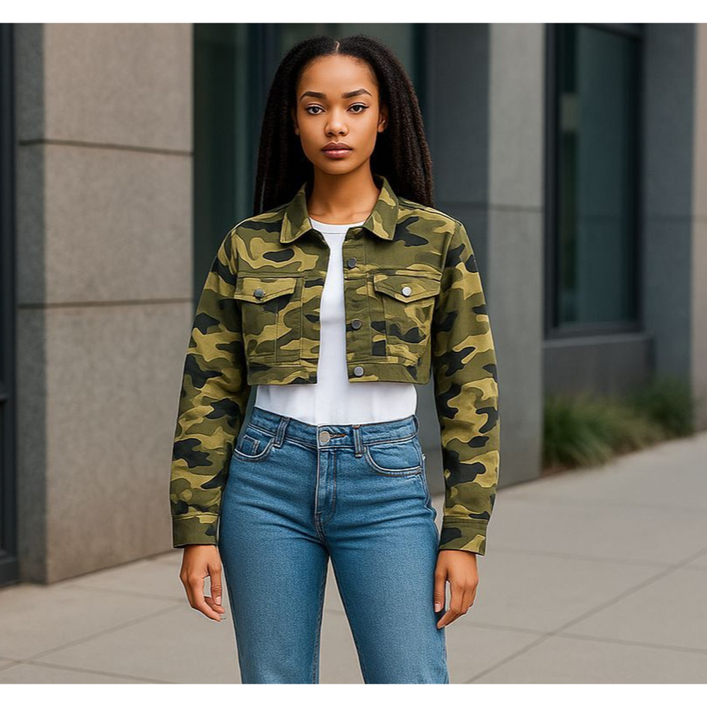 Camouflage Cropped‎ Jacket Button Up Long Sleeve Junior 5 Olive Camo Y2K 5-7-9
